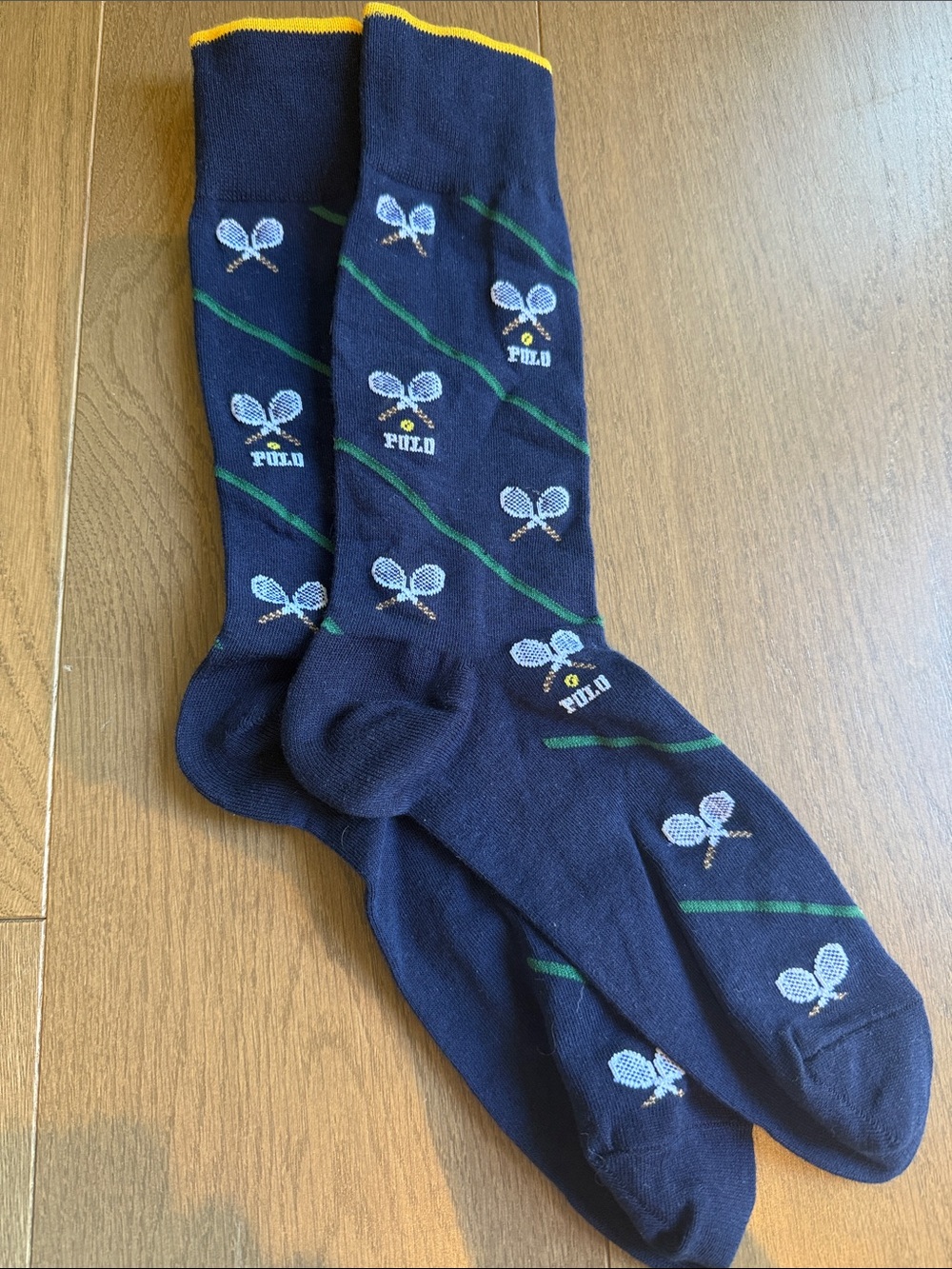 Polo by Ralph Lauren Navy Dress Socks with Tennis Racket Motif and Yellow Trim
